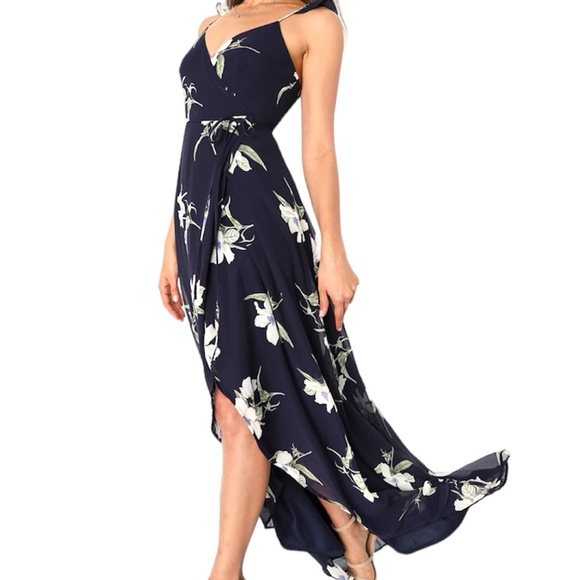 Lulus -All Mine Navy Blue Floral Print High-Low Wrap Dress size L party spring - Picture 2 of 10
